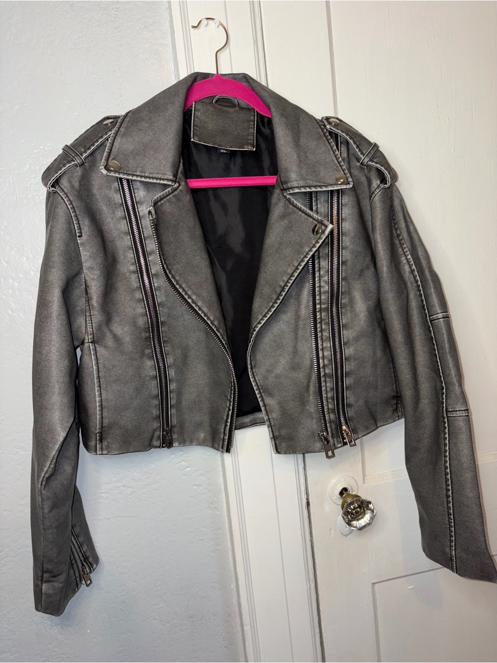 SHEIN Gray Faux Leather Cropped Moto Jacket